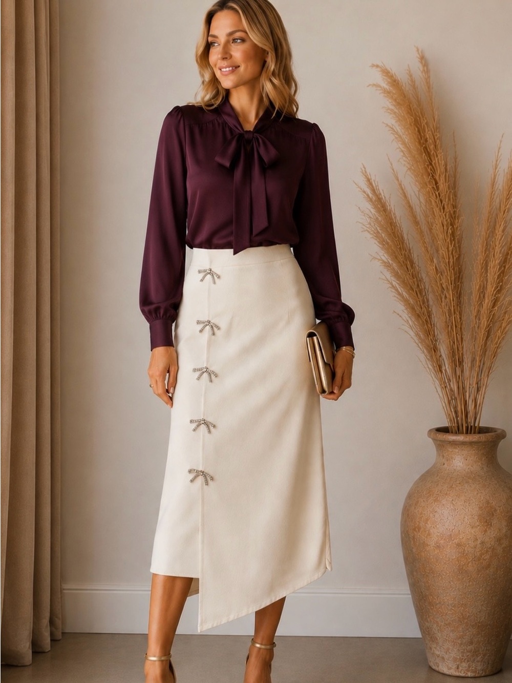 Ellie Makir NWT Rhinestone Bow Skirt Cream Sz L Avant Garde Astmmetrical Hem